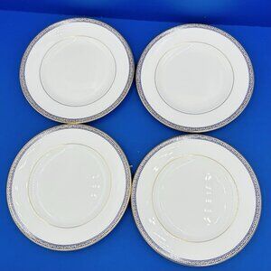 WEDGWOOD Palatia 8" Salad Plates Bone China Blue Gold Greek Key Trim Set of 4